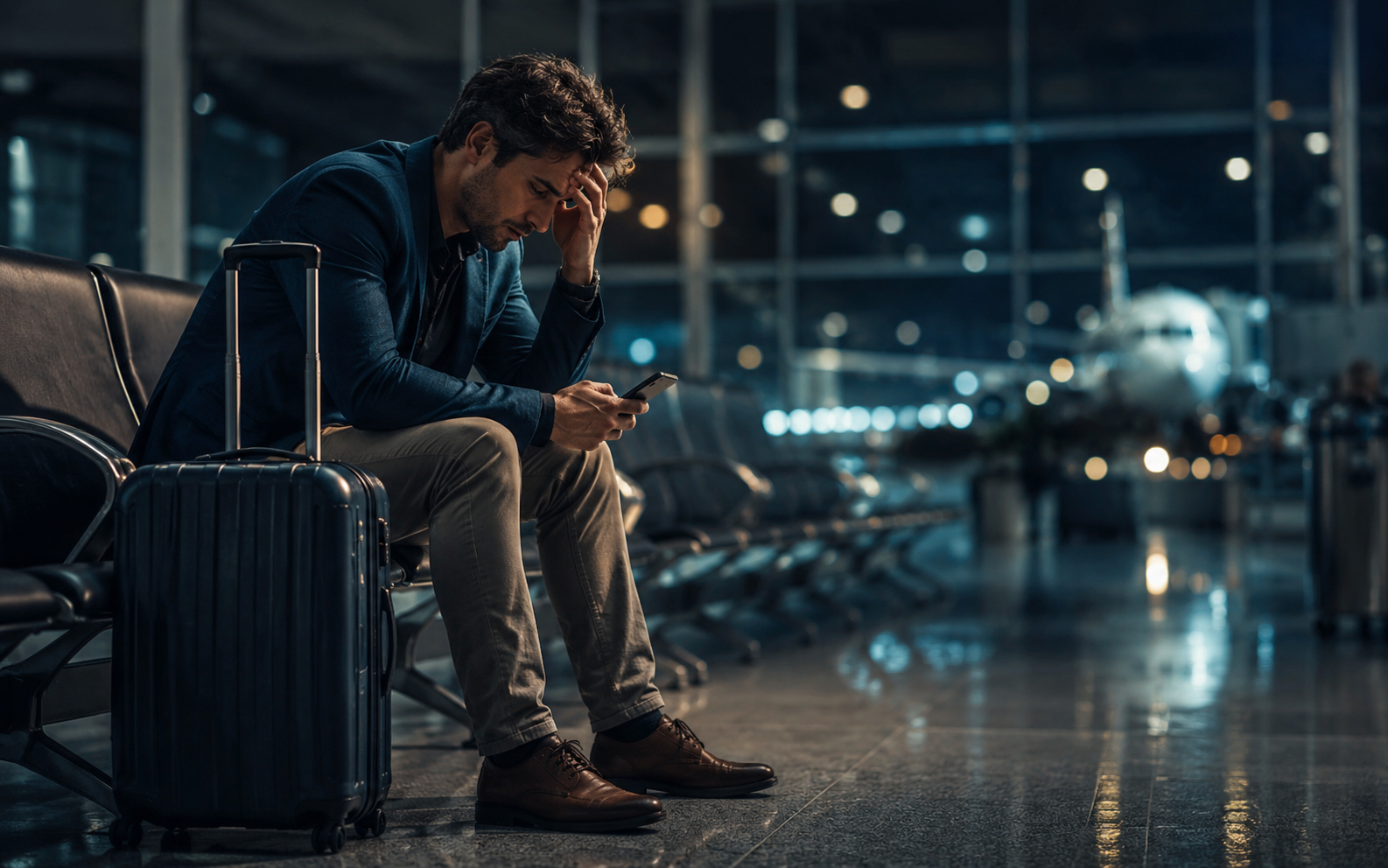 Passageiro cansado aguardando no aeroporto após atraso ou cancelamento de voo