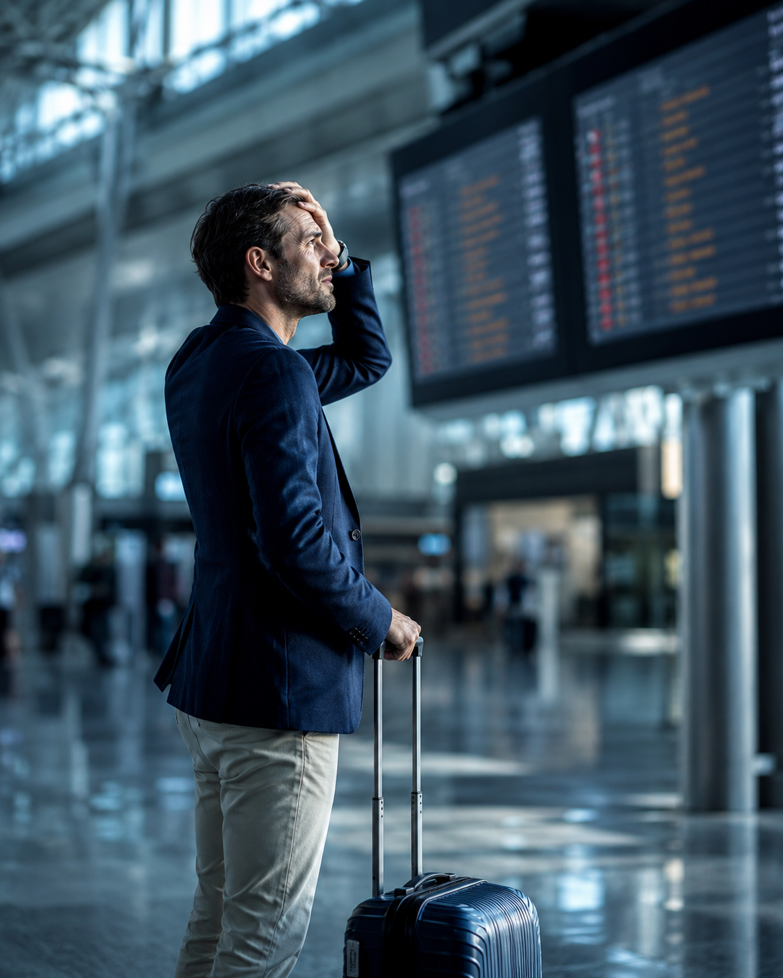 Passageiro preocupado em aeroporto após atraso ou cancelamento de voo